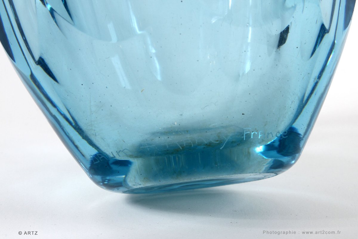 DAUM Nancy France Vase cristal bleu à côtes taillées vers 1930-photo-4