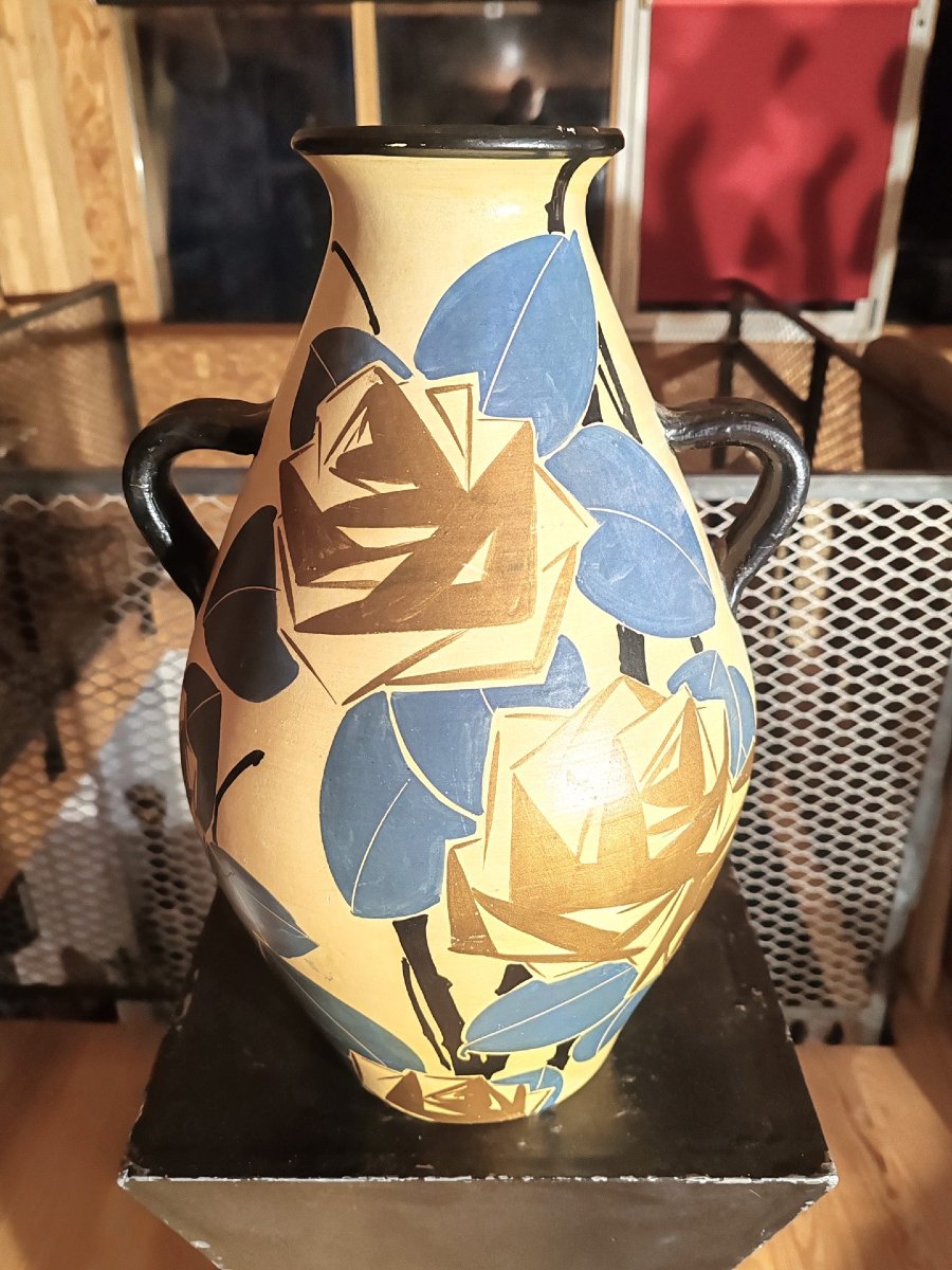 Louis Giraud: Very Large Ceramic Vase From The 1930s With A Ripolin-painted Design-photo-2