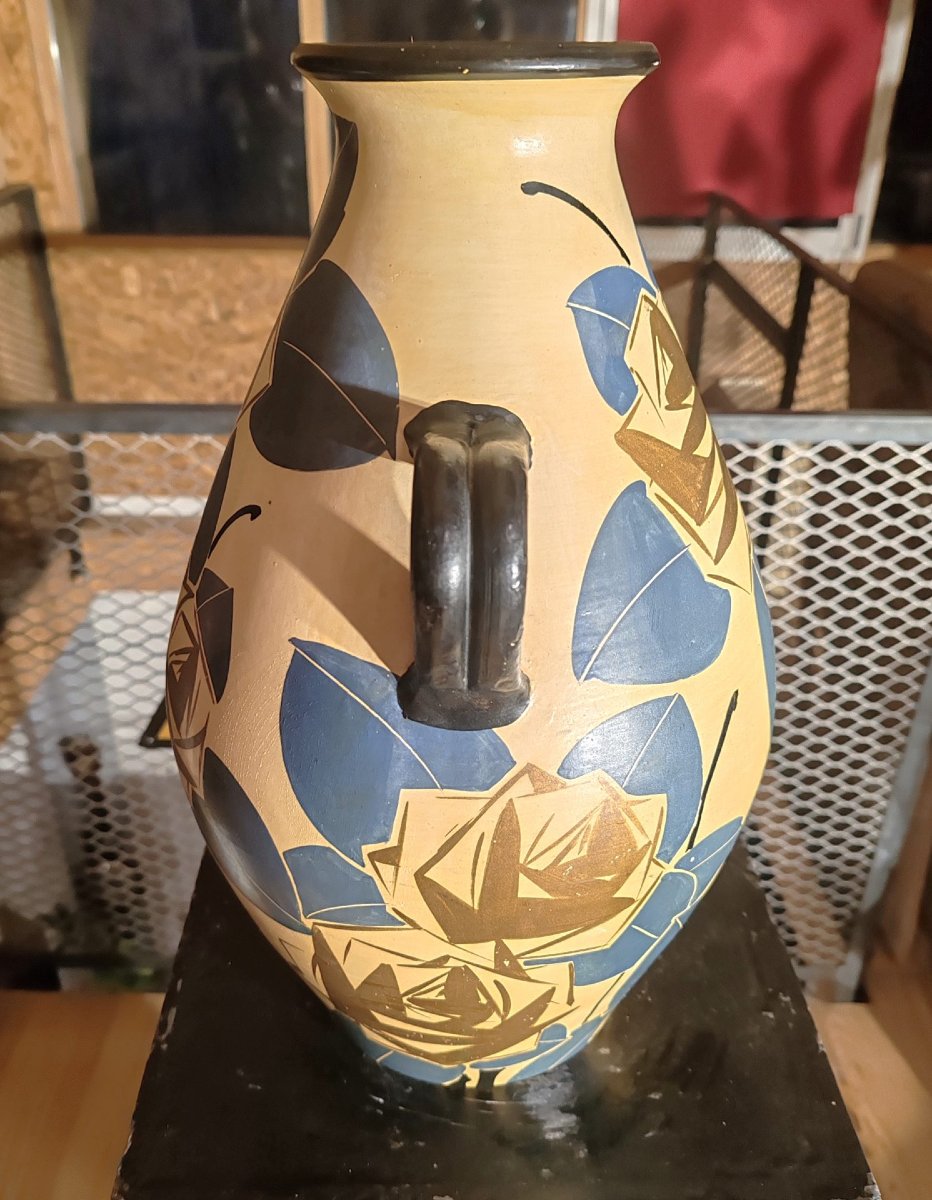 Louis Giraud: Very Large Ceramic Vase From The 1930s With A Ripolin-painted Design-photo-3