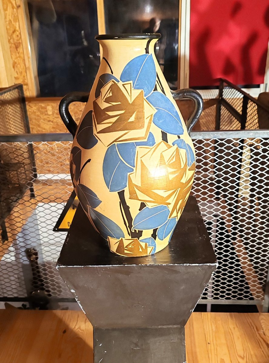 Louis Giraud: Very Large Ceramic Vase From The 1930s With A Ripolin-painted Design