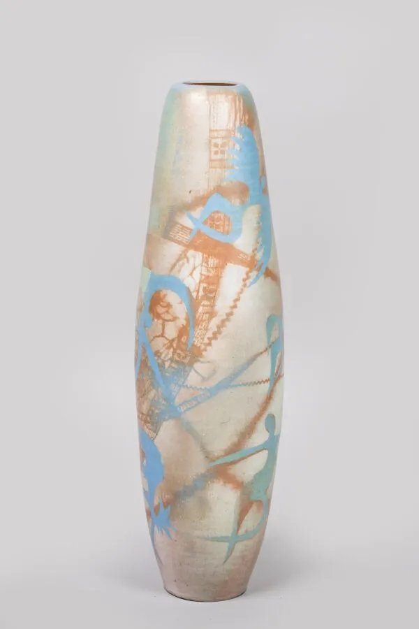 Sophie Combres Large Tubular Glazed Ceramic Vase Decorated With Tightrope Walkers And Dancers-photo-2