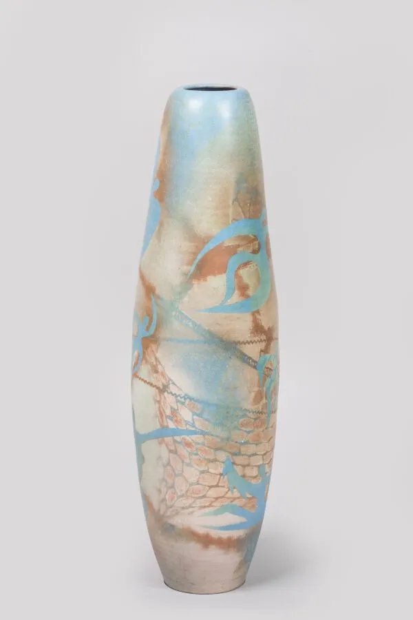 Sophie Combres Large Tubular Glazed Ceramic Vase Decorated With Tightrope Walkers And Dancers-photo-3