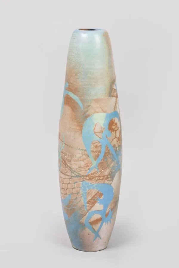 Sophie Combres Large Tubular Glazed Ceramic Vase Decorated With Tightrope Walkers And Dancers