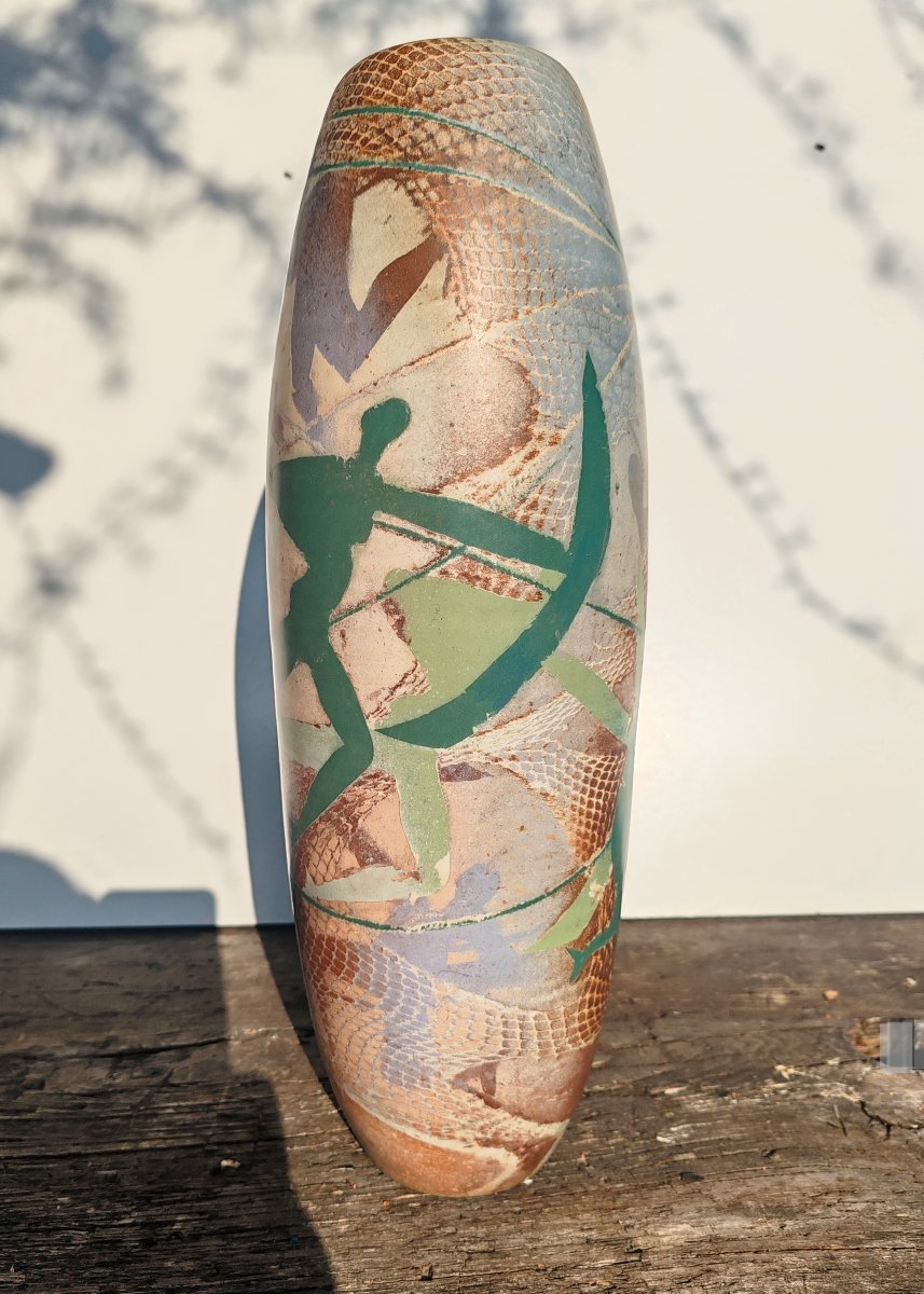 Sophie COMBRES Vase tubulaire en céramique émaillée  à décor de funambules et de danseuses -photo-1