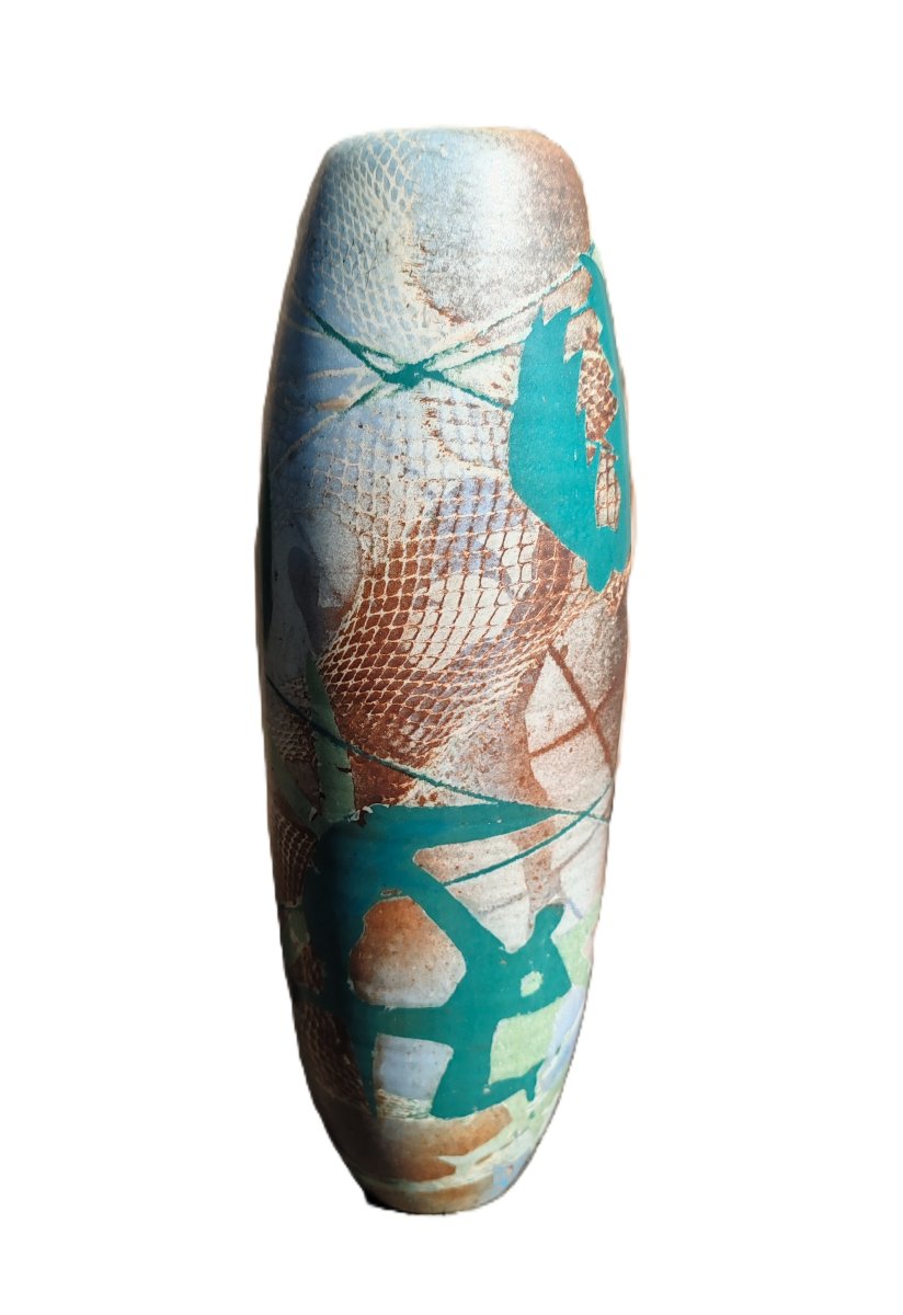 Sophie COMBRES Vase tubulaire en céramique émaillée  à décor de funambules et de danseuses 