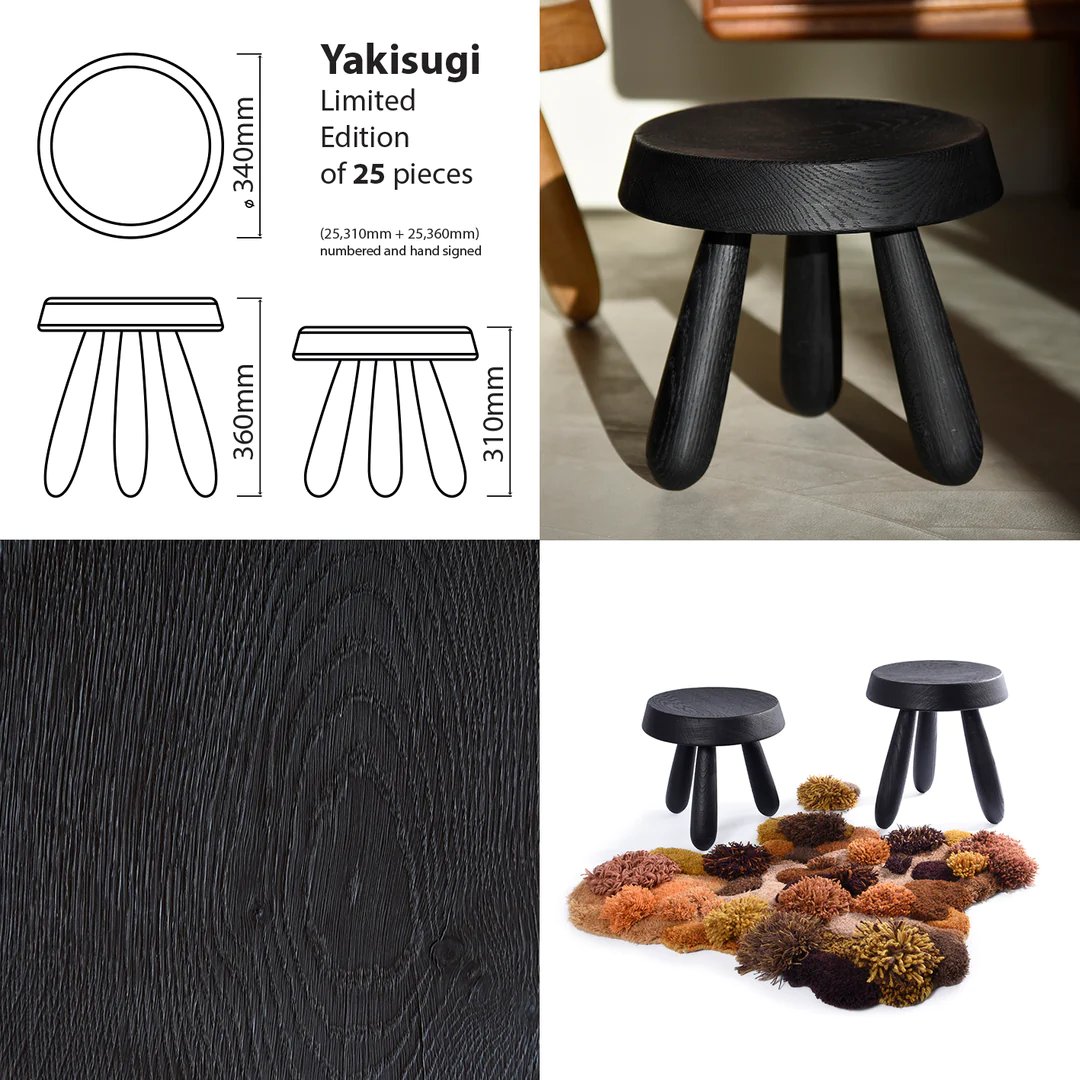 Douglas Mont Pair Of “yakisugi” Or Charred Oak Tripod Stools, 20th Century-photo-4