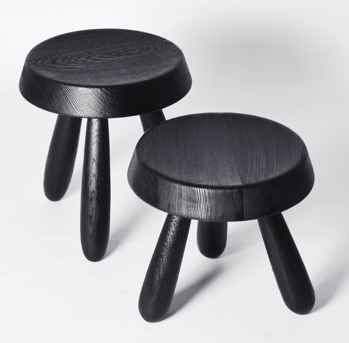 Douglas Mont Pair Of “yakisugi” Or Charred Oak Tripod Stools, 20th Century