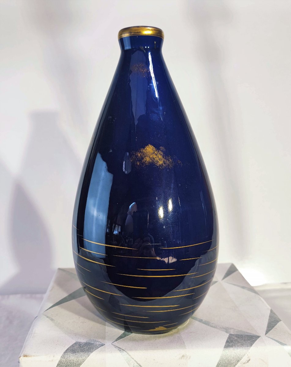 Gustave Asch (1856–1911), Art Nouveau Porcelain Vase With A "bleu De Tours" And Gold Background-photo-2