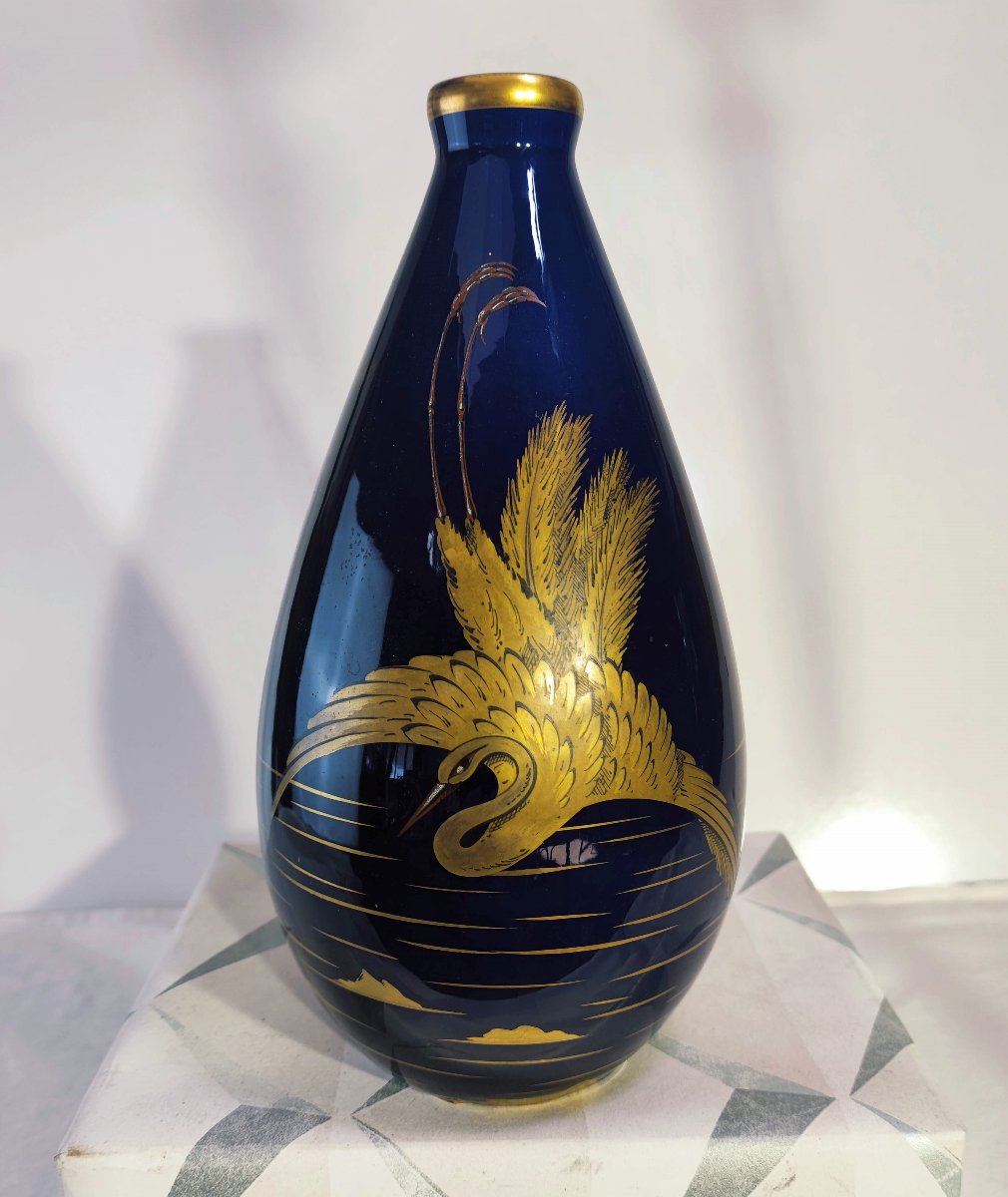 Gustave Asch (1856–1911), Art Nouveau Porcelain Vase With A "bleu De Tours" And Gold Background