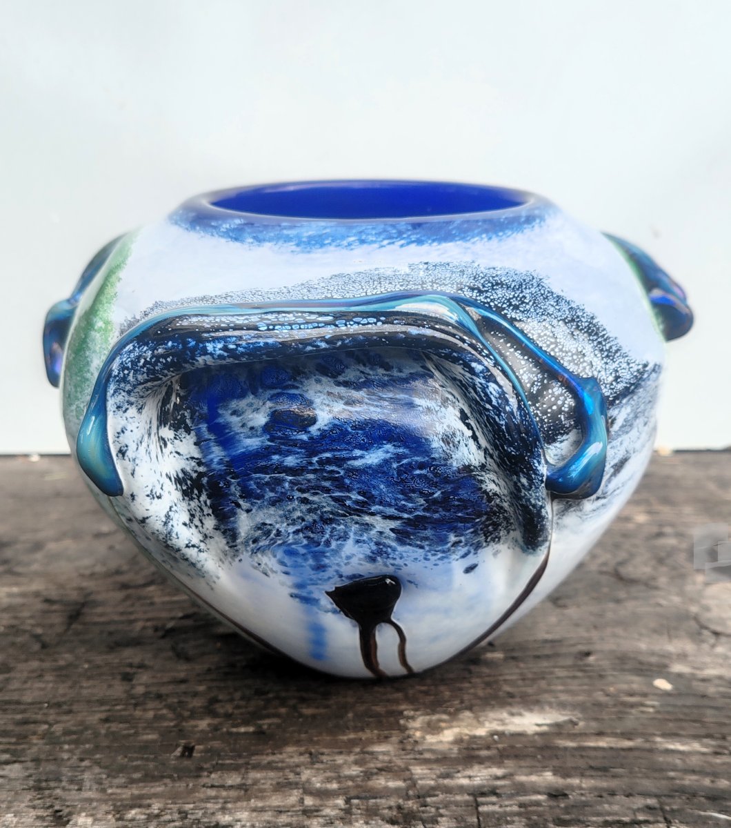 Alda Loumani Grand vase en verre soufflé multicouche à coulures vertes bleues et blanches 1988-photo-3