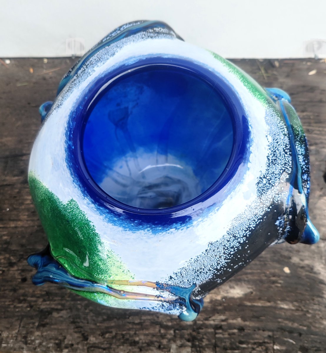 Alda Loumani Grand vase en verre soufflé multicouche à coulures vertes bleues et blanches 1988-photo-4