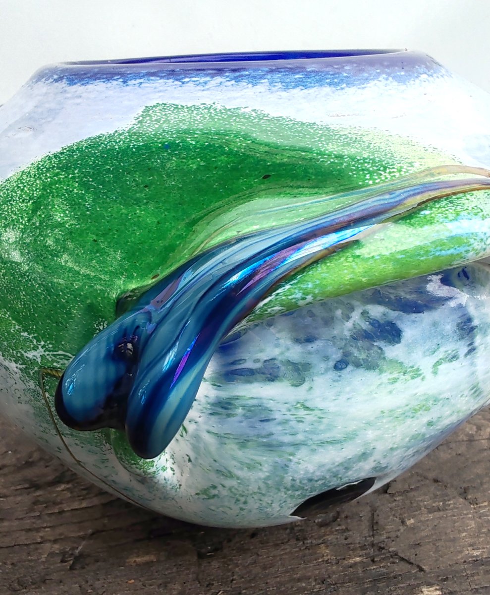 Alda Loumani Grand vase en verre soufflé multicouche à coulures vertes bleues et blanches 1988-photo-1