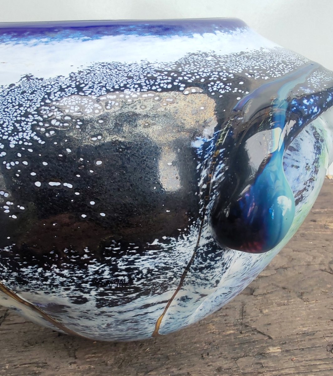 Alda Loumani Grand vase en verre soufflé multicouche à coulures vertes bleues et blanches 1988-photo-2