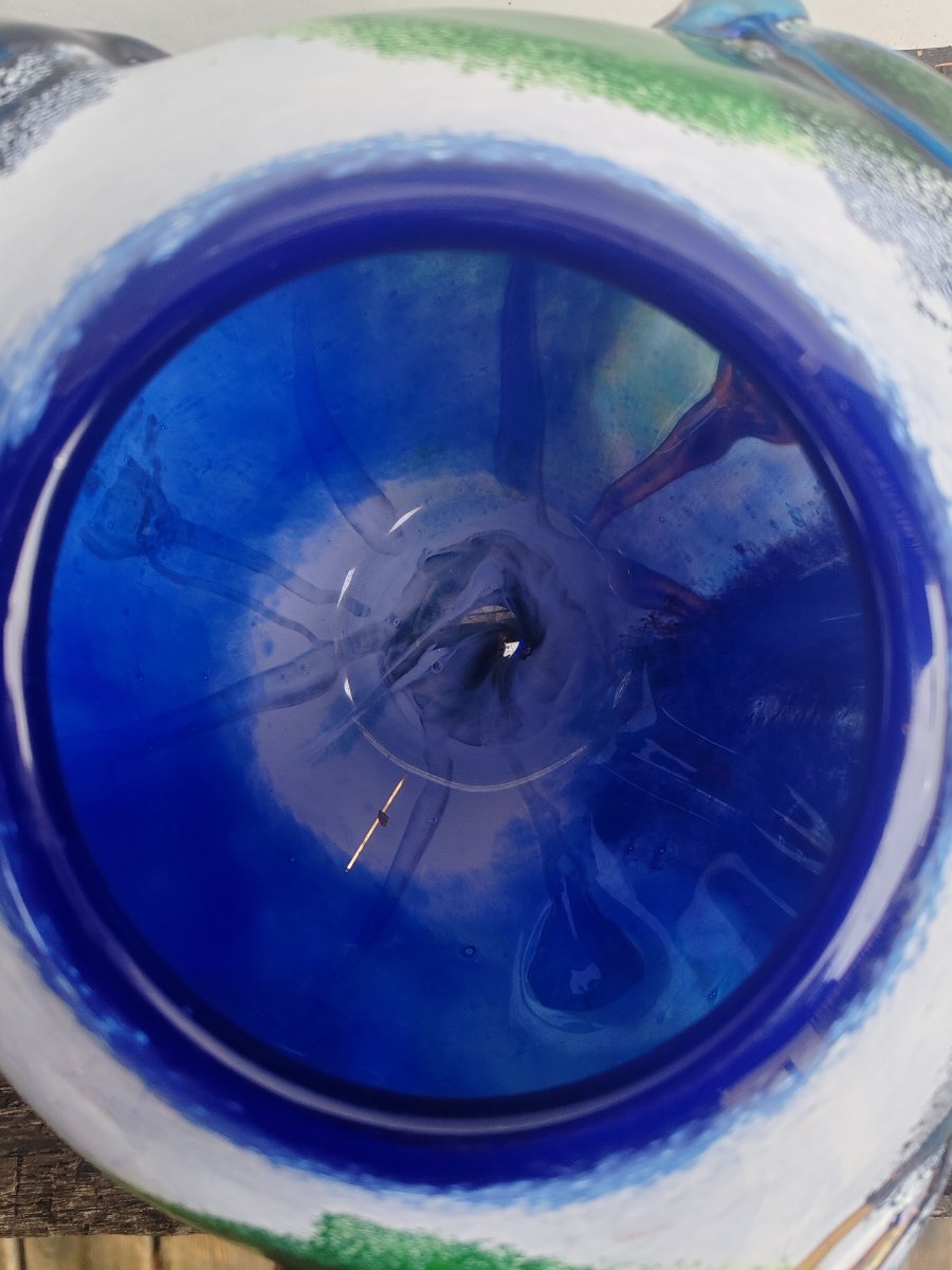 Alda Loumani Grand vase en verre soufflé multicouche à coulures vertes bleues et blanches 1988-photo-3