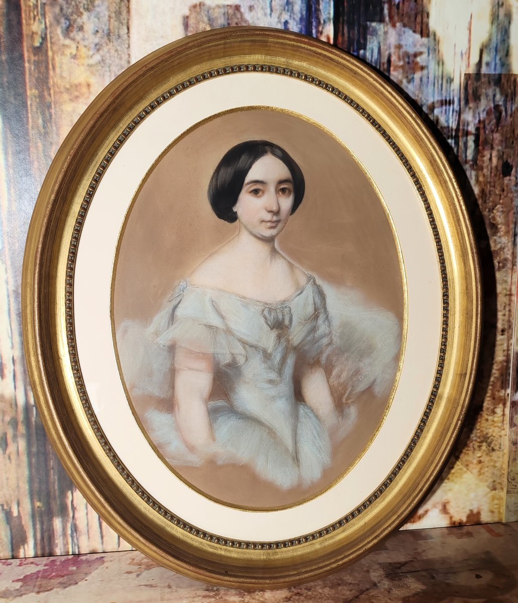 Pastel portrait de jeune femme « Lydie Bordery » par Benoit Blanc 1855