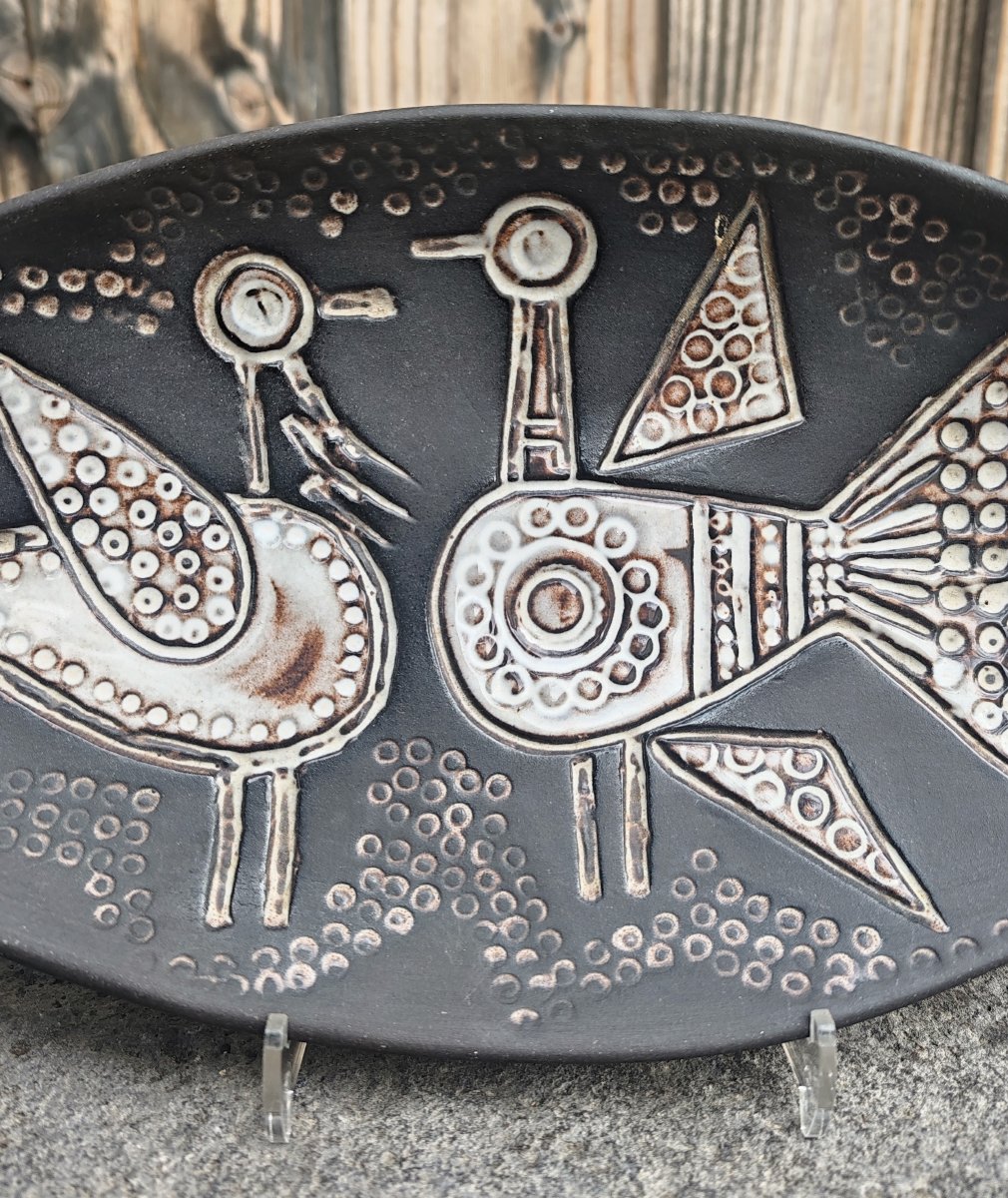 Decorative Bird-motif Trinket Dish, 1970s Faience, By Lisbeth Bartosova For Keramia Znaim-photo-3