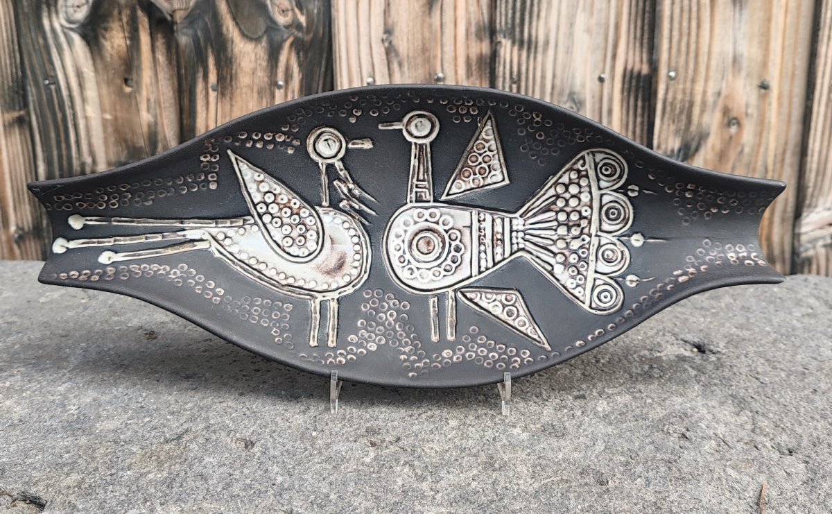 Decorative Bird-motif Trinket Dish, 1970s Faience, By Lisbeth Bartosova For Keramia Znaim