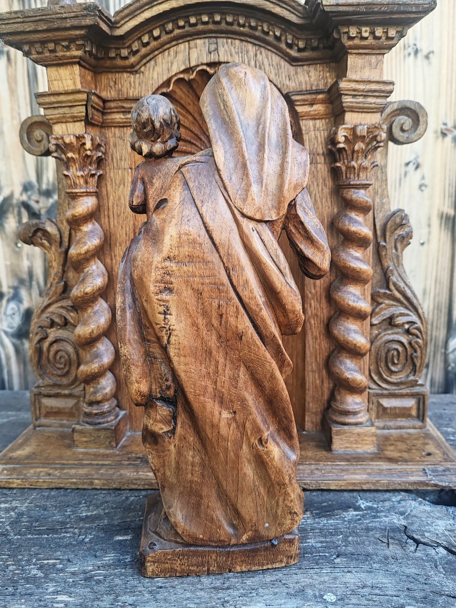 «Vierge à l’enfant» Statue et son support partie d’un rétable en bois sculpté Fin XVII ème-photo-3