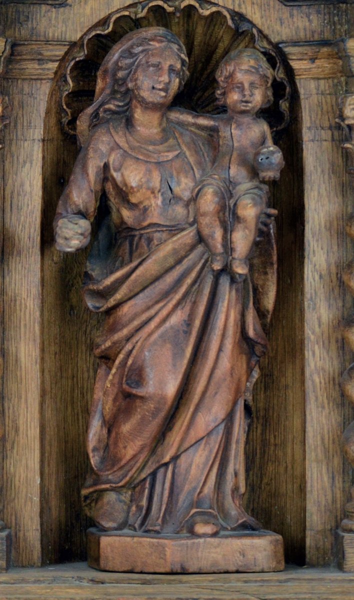 «Vierge à l’enfant» Statue et son support partie d’un rétable en bois sculpté Fin XVII ème-photo-5