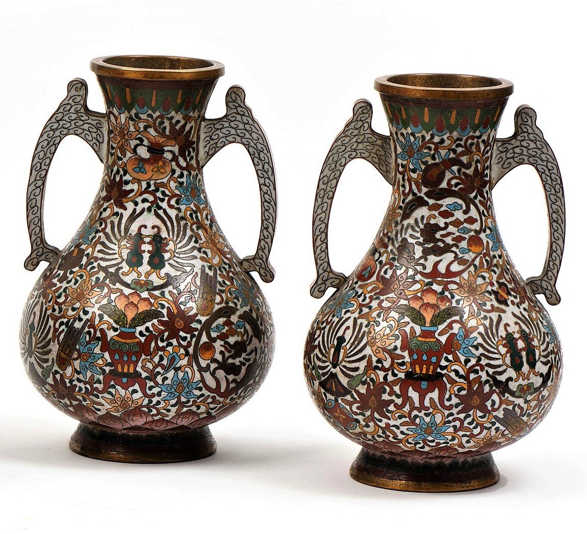 Cloisonné Enamel Vases And An Incense Burner, Japan, 19th Century-photo-3