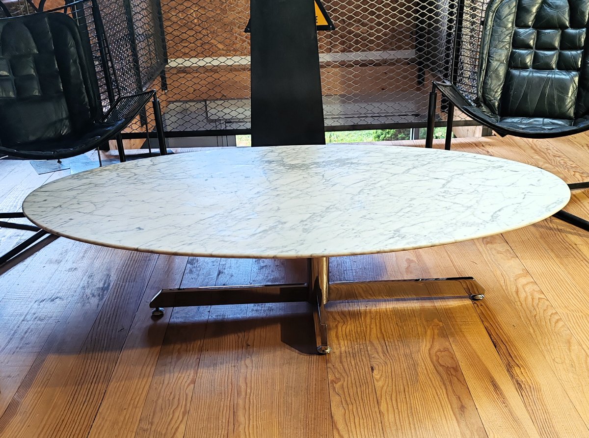 Oval Coffee Table With Chrome-plated Metal Legs And A White Marble Top, Attributed To Florence Knoll-photo-2