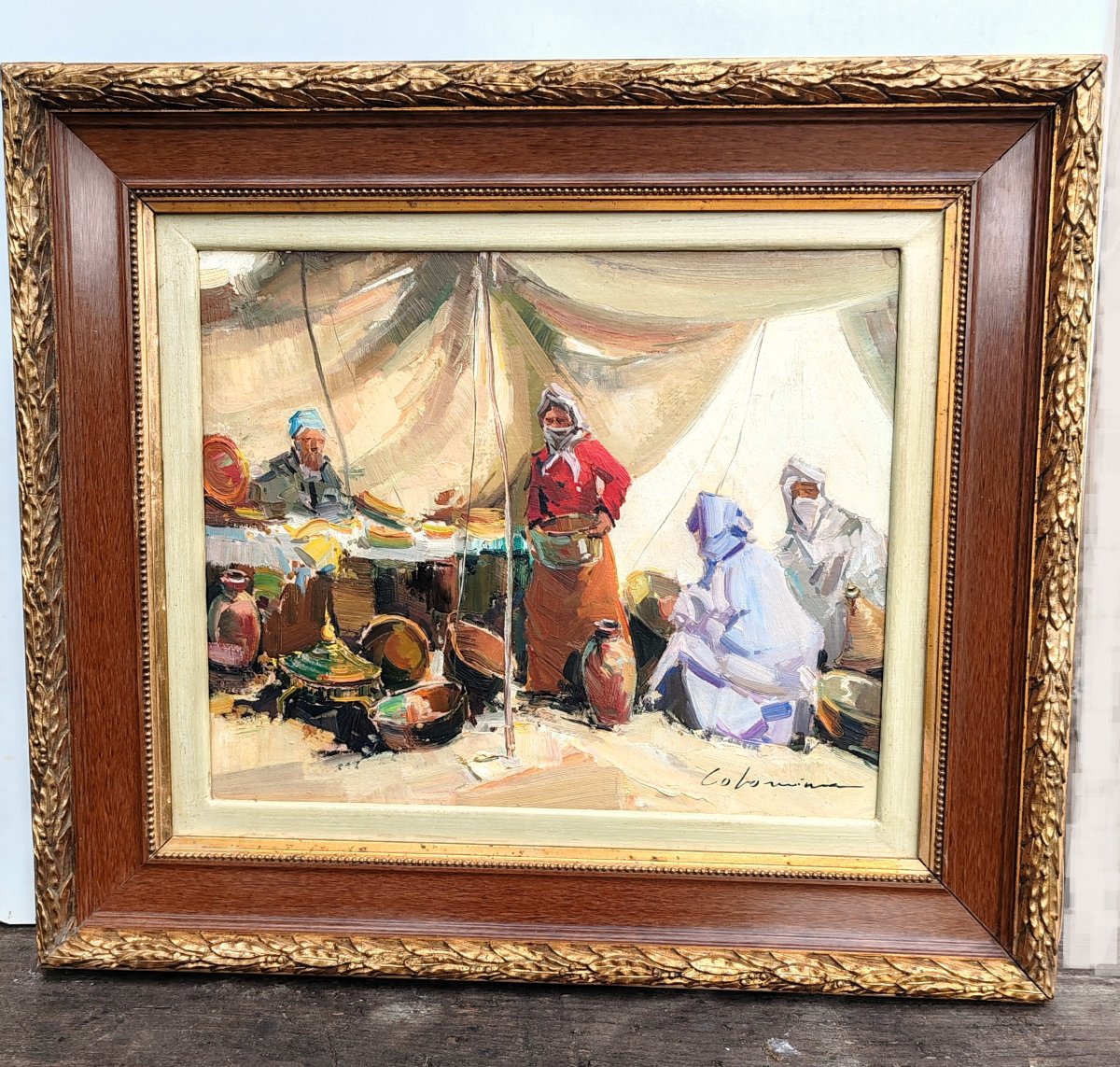 Tableau orientaliste huile sur toile marché oriental XX ème "Colomina "-photo-2