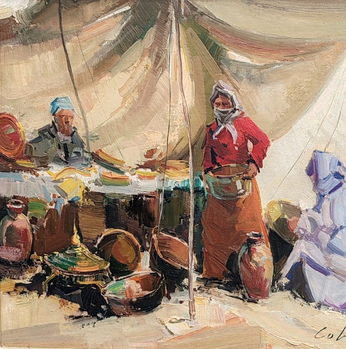 Tableau orientaliste huile sur toile marché oriental XX ème "Colomina "-photo-3