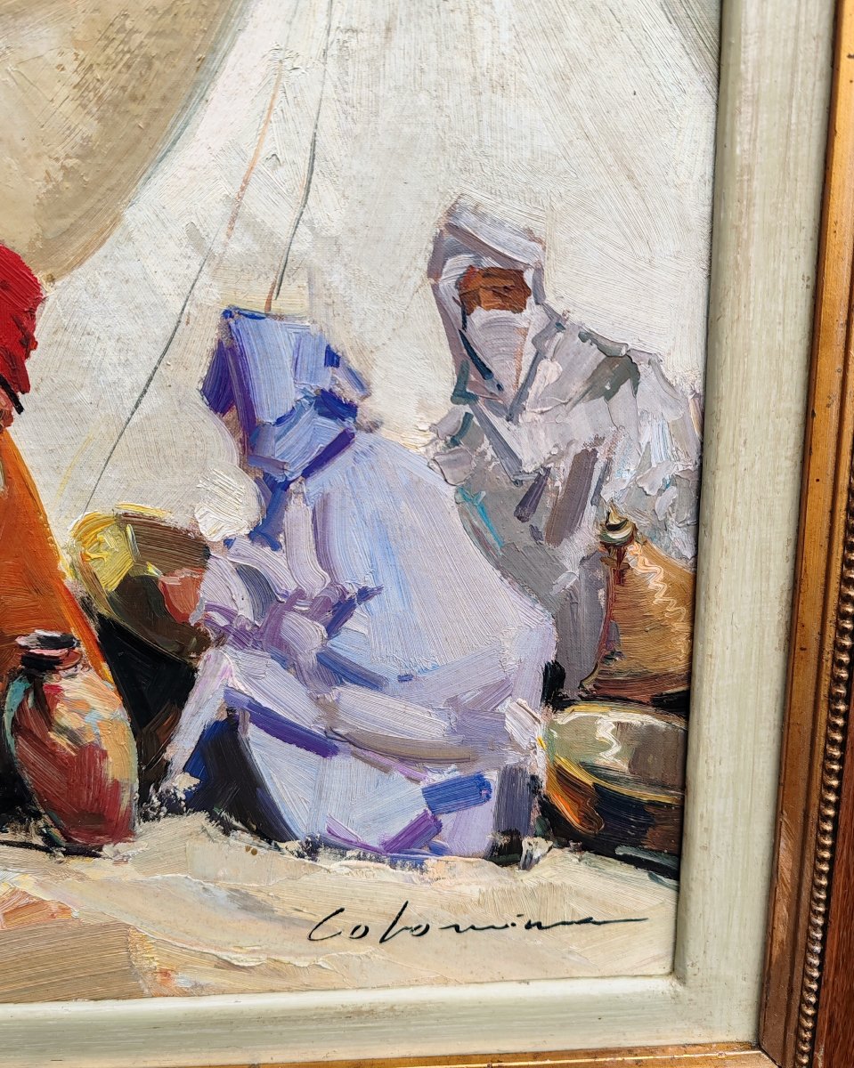 Tableau orientaliste huile sur toile marché oriental XX ème "Colomina "-photo-4
