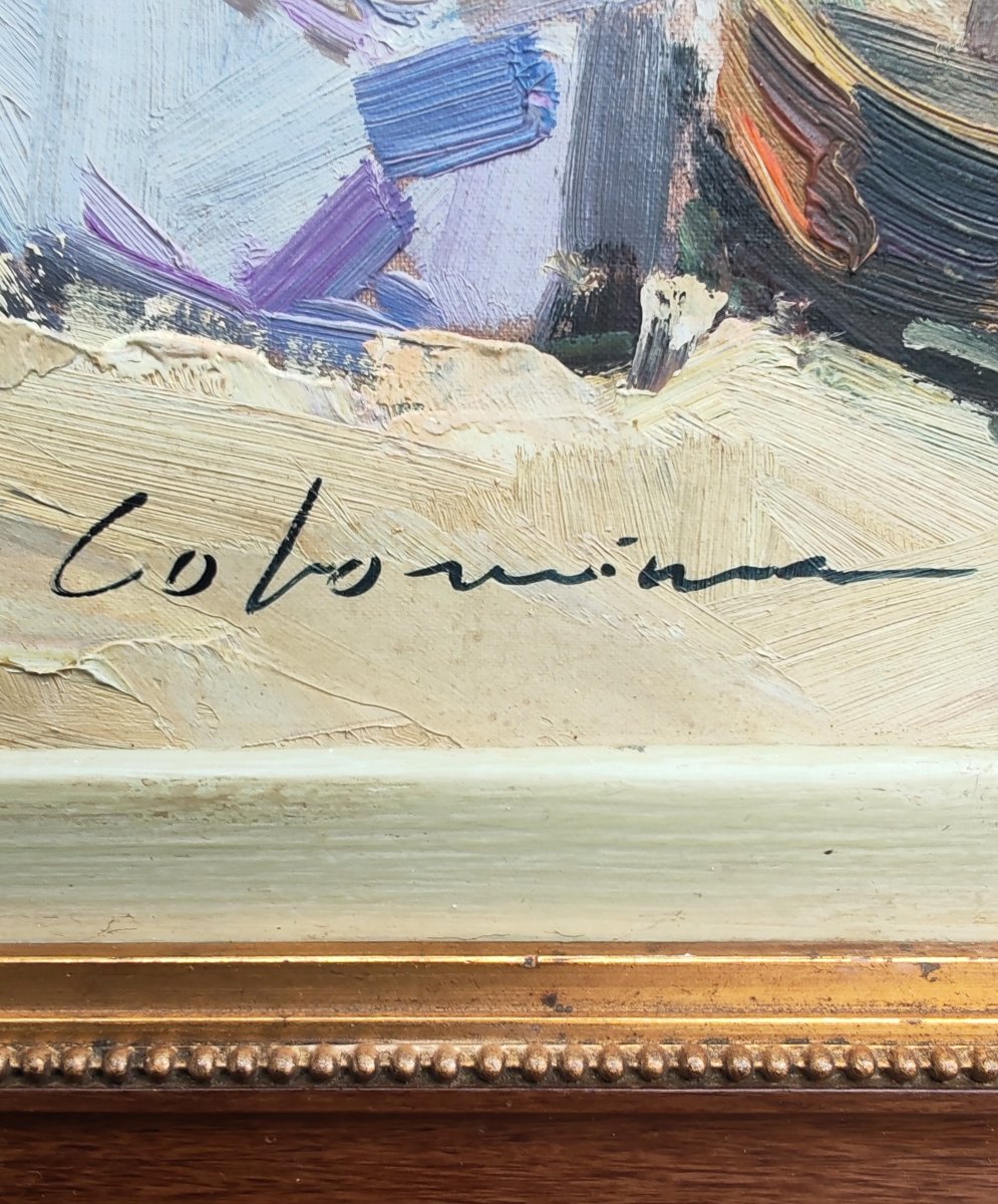 Tableau orientaliste huile sur toile marché oriental XX ème "Colomina "-photo-2