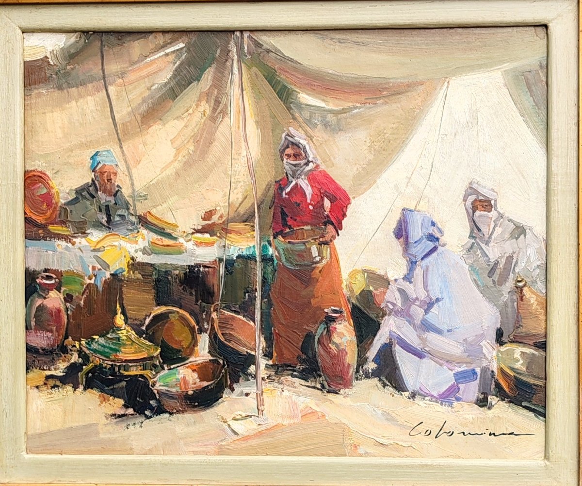 Tableau orientaliste huile sur toile marché oriental XX ème "Colomina "