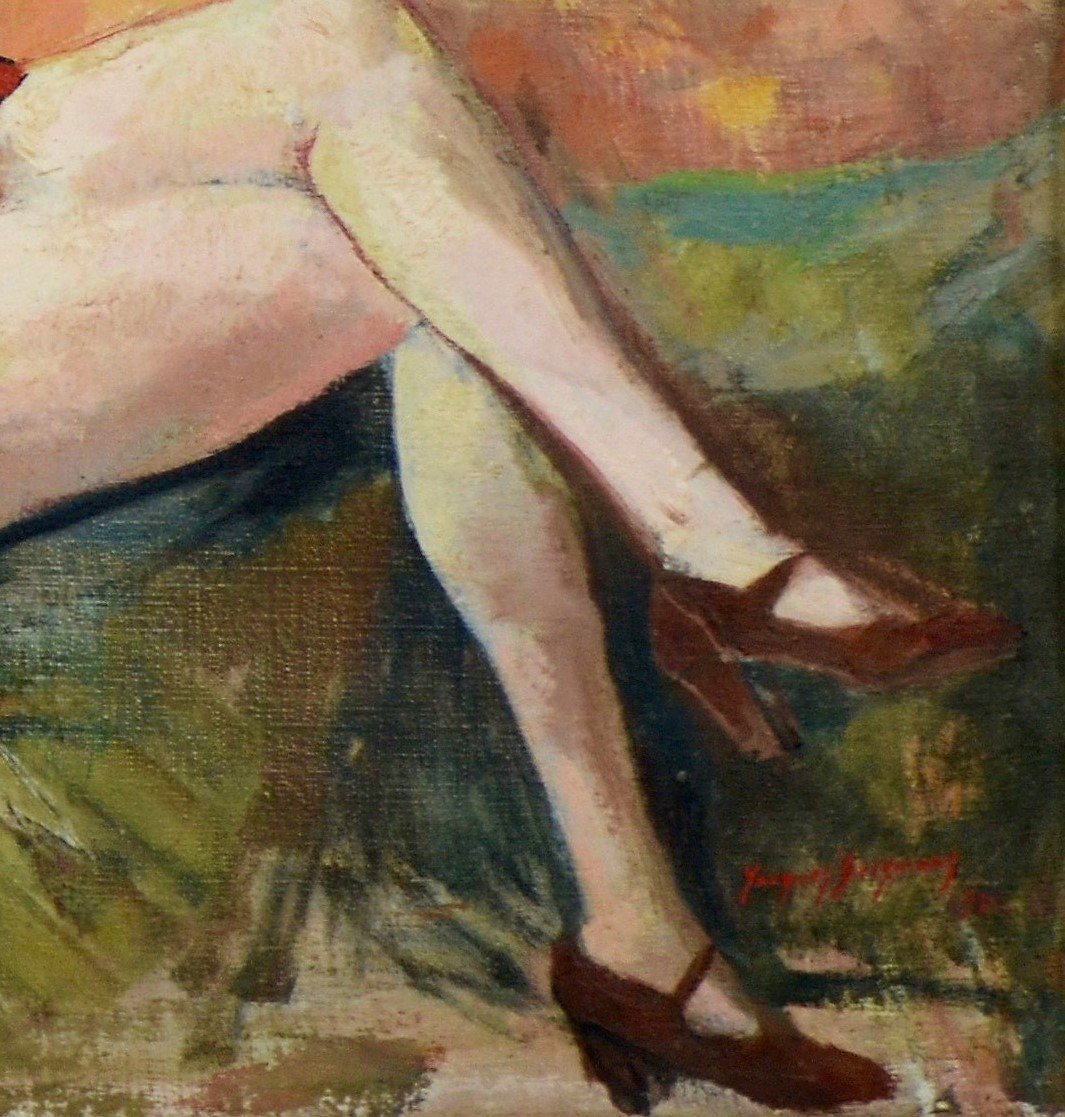 jacques bergmans « Nu couché à l’éventail » huile sur toile XX ème-photo-4