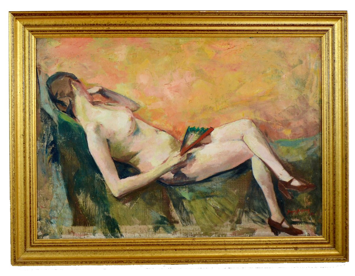 jacques bergmans « Nu couché à l’éventail » huile sur toile XX ème