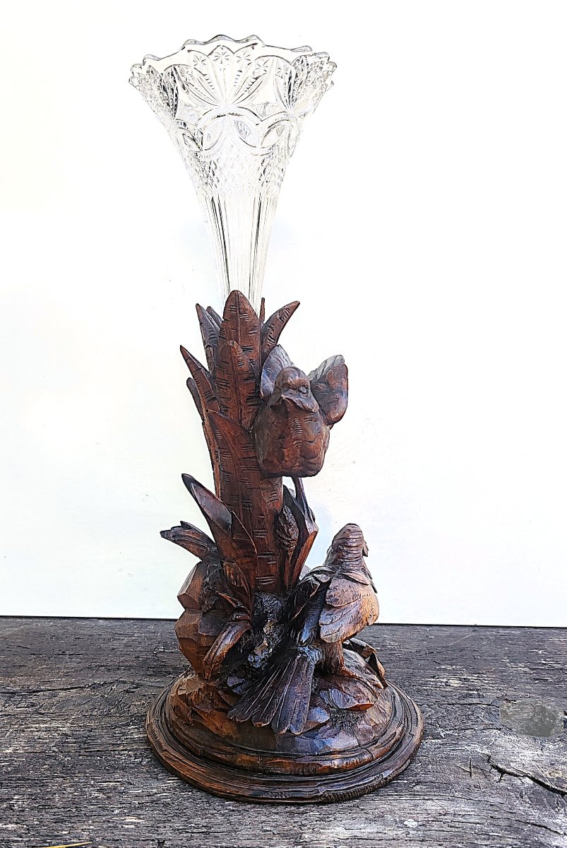 Porte-vase en bois (style Forêt-Noire, suisse) vase en verre de Bohême fin XIX Début XX ème-photo-2