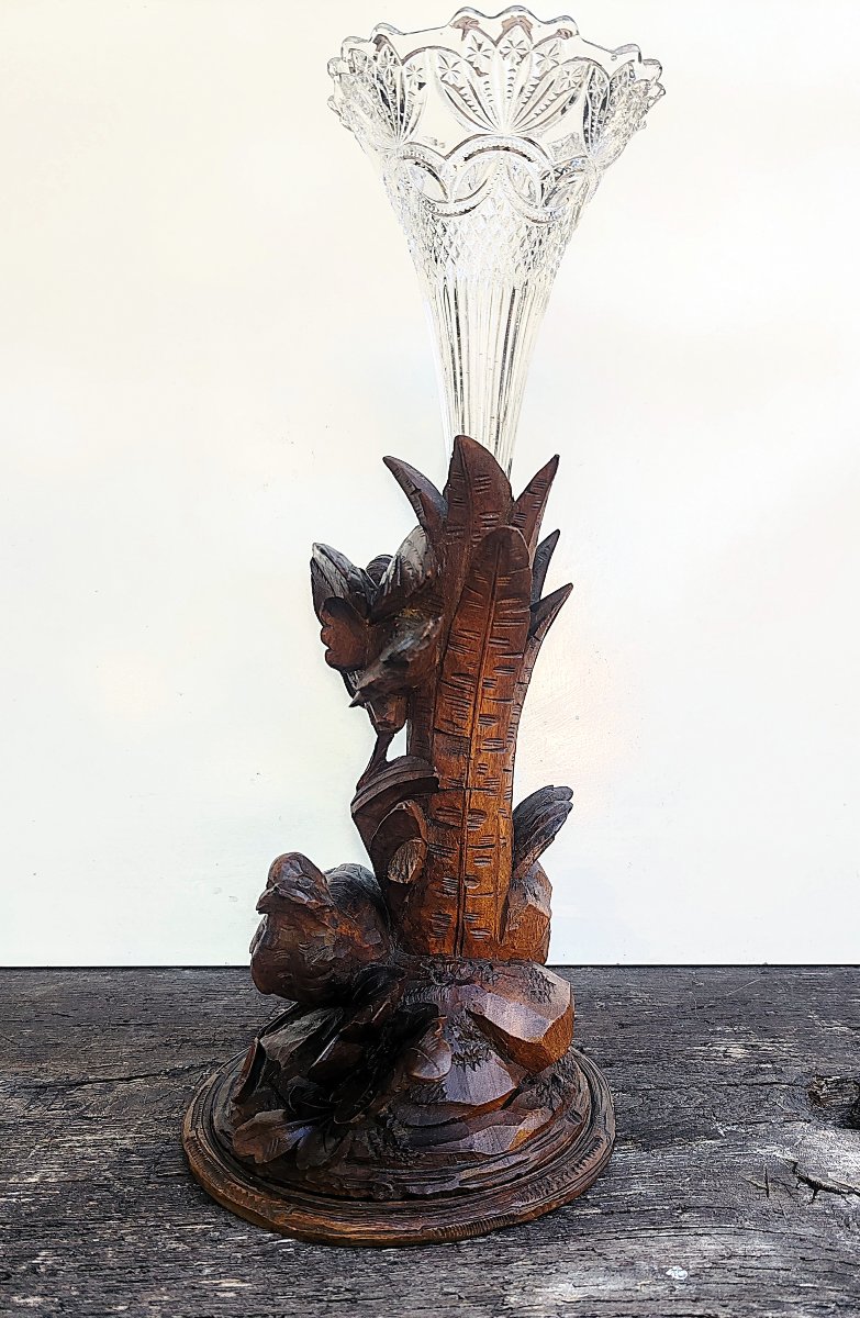 Porte-vase en bois (style Forêt-Noire, suisse) vase en verre de Bohême fin XIX Début XX ème-photo-3