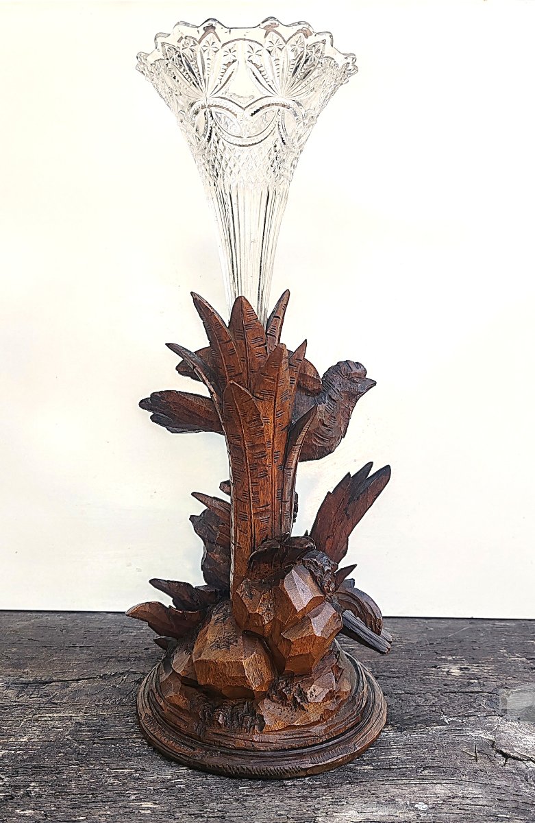 Porte-vase en bois (style Forêt-Noire, suisse) vase en verre de Bohême fin XIX Début XX ème-photo-4