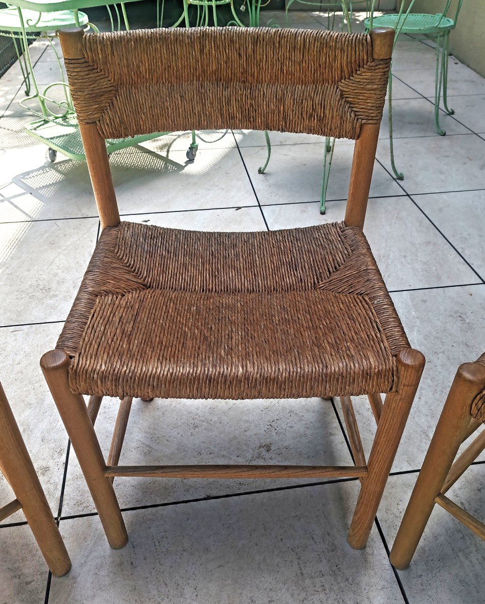 Charlotte Perriand Chaises Dordogne en frêne et paille édition Sentou vers1950/60 set de 4-photo-1
