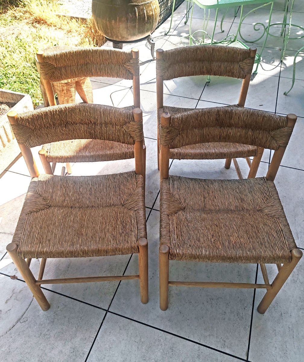 Charlotte Perriand Chaises Dordogne en frêne et paille édition Sentou vers1950/60 set de 4