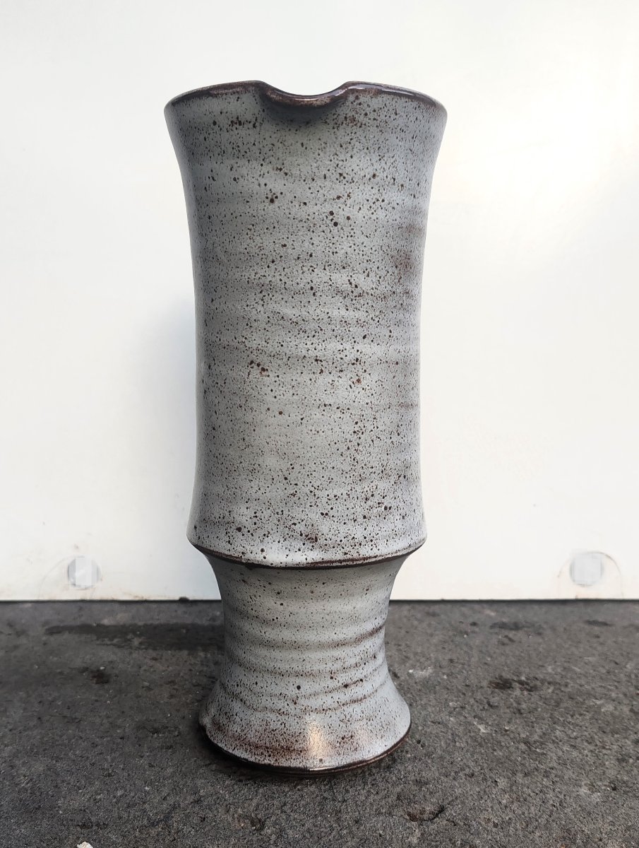 Michel ANASSE Grand Pichet / Vase en grès émaillé blanc sur fond brun vers 1965-photo-3