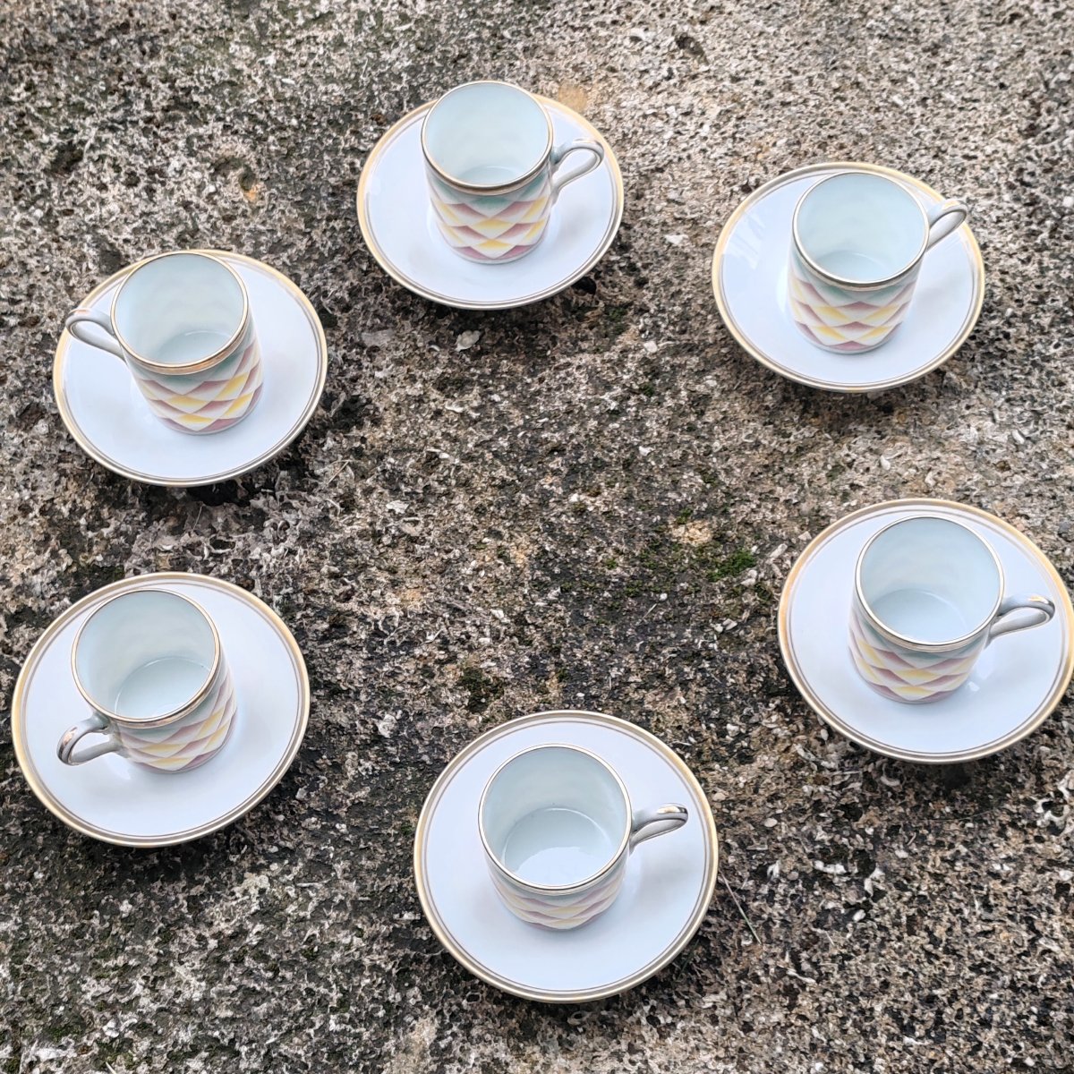 Richard Ginori 6 Coffee Cups And Saucers Designed By Gio Ponti, “arlecchino” (“arlequin”), 20th Century-photo-2