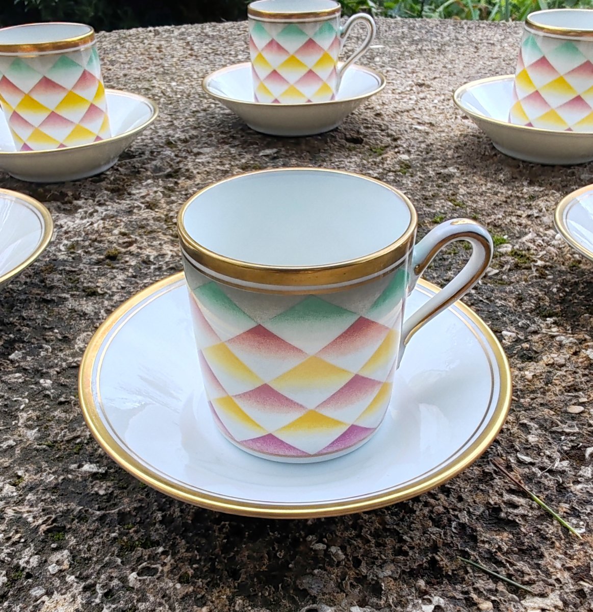 Richard Ginori 6 Coffee Cups And Saucers Designed By Gio Ponti, “arlecchino” (“arlequin”), 20th Century-photo-3
