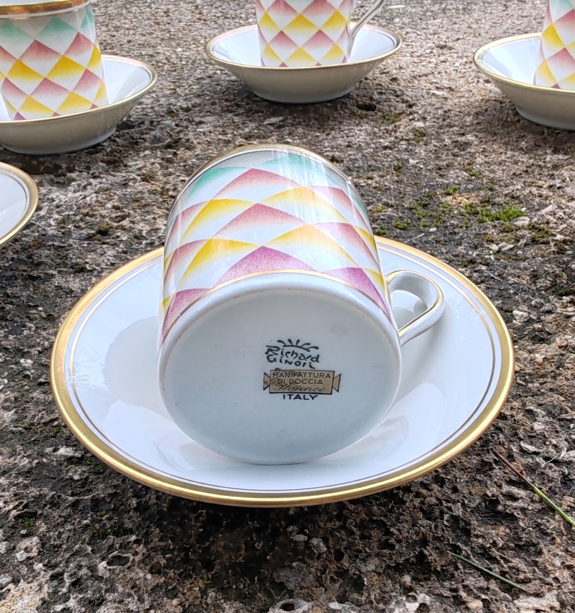 Richard Ginori 6 Coffee Cups And Saucers Designed By Gio Ponti, “arlecchino” (“arlequin”), 20th Century-photo-4