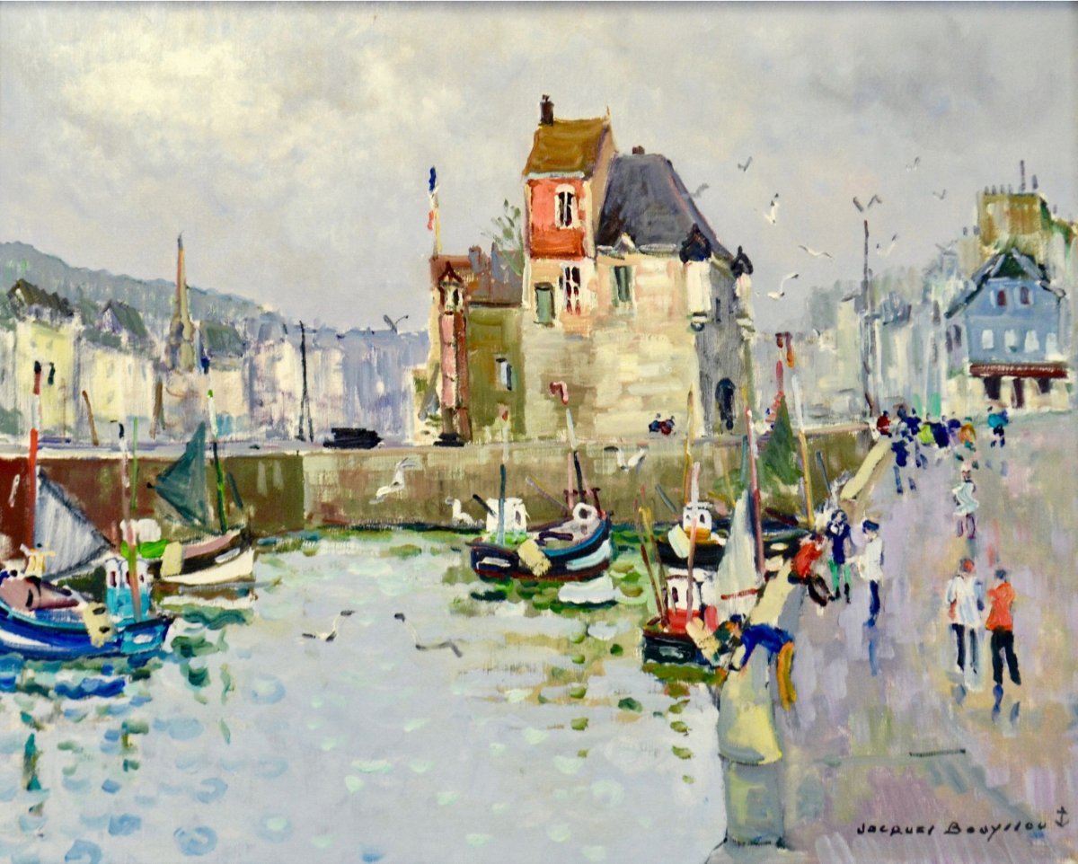 Jacques Bouyssou, “the Port Authority Of Honfleur,” Oil On Canvas, 20th Century-photo-2