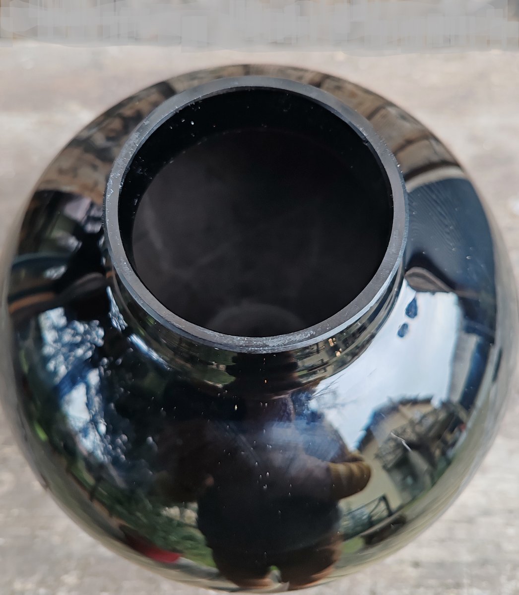Large Art Deco-style Engraved Black Glass Vase (circa 1930–1950)-photo-4