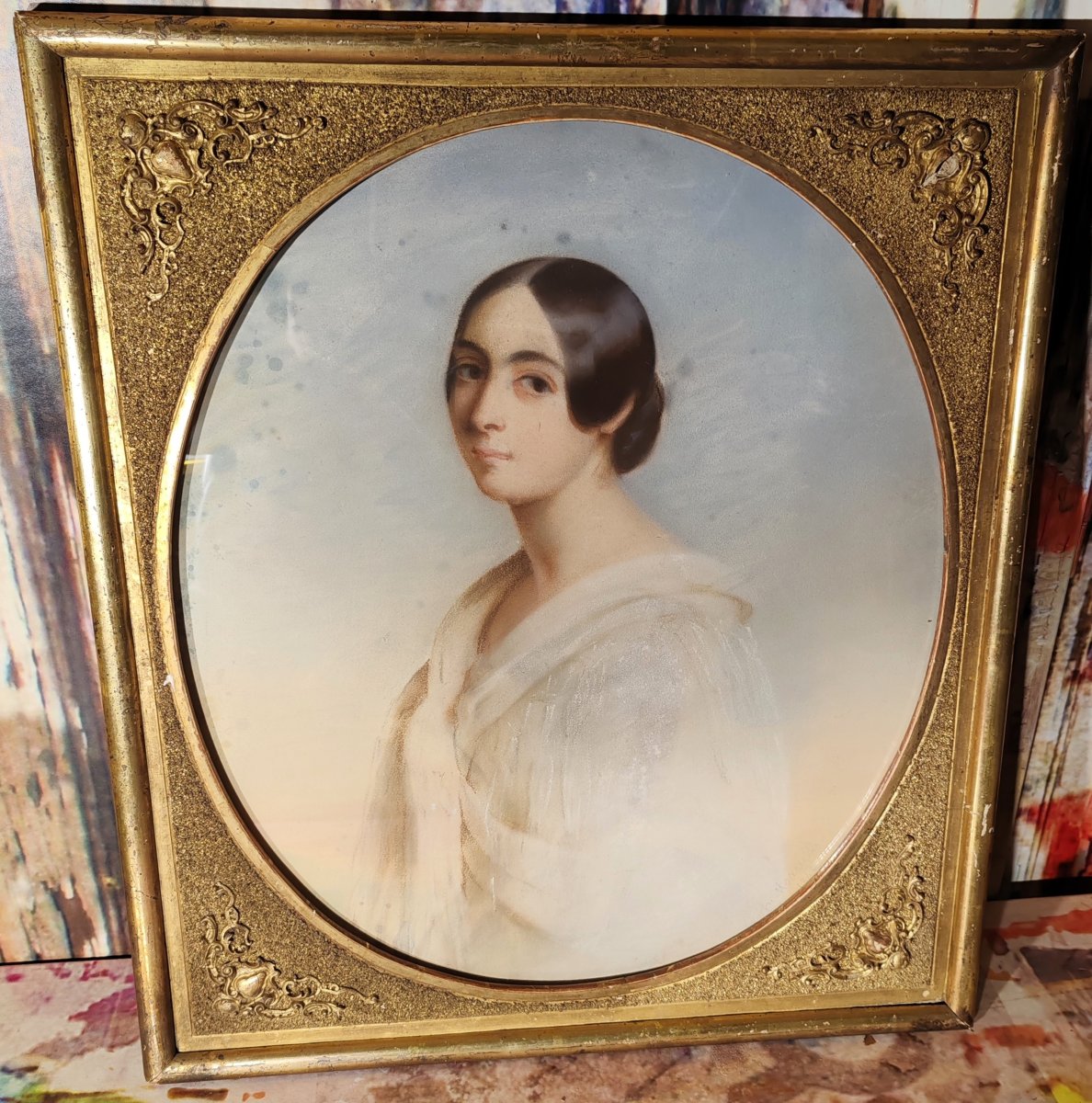 « Portrait pastel d’une Jeune Femme En Médaillon Henry Marielle XIXème »-photo-2