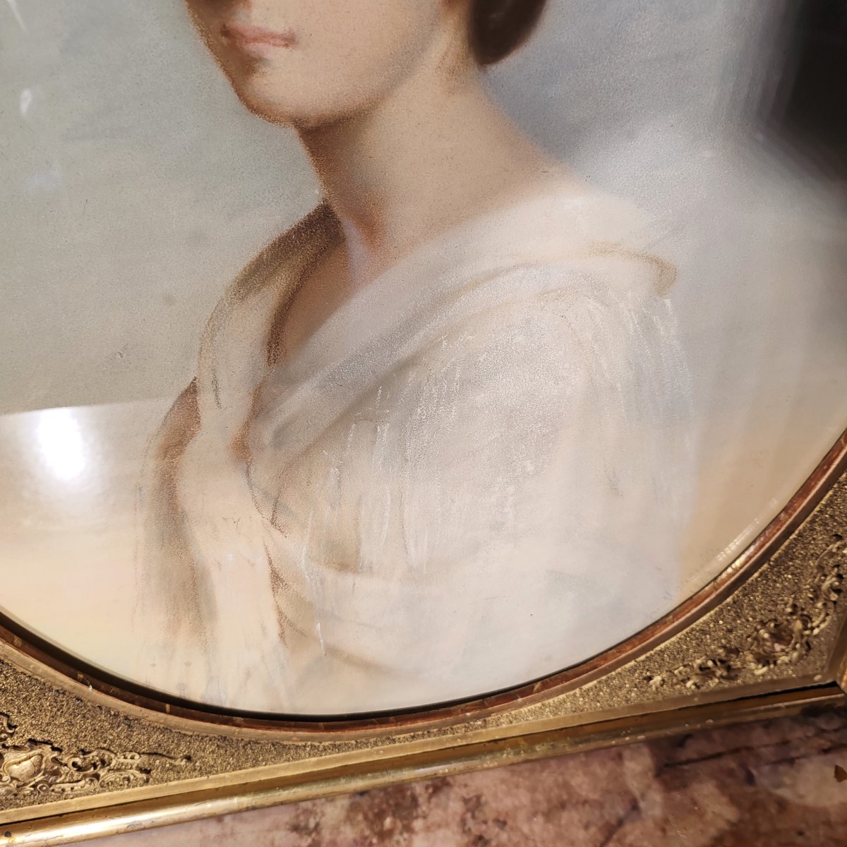 « Portrait pastel d’une Jeune Femme En Médaillon Henry Marielle XIXème »-photo-4