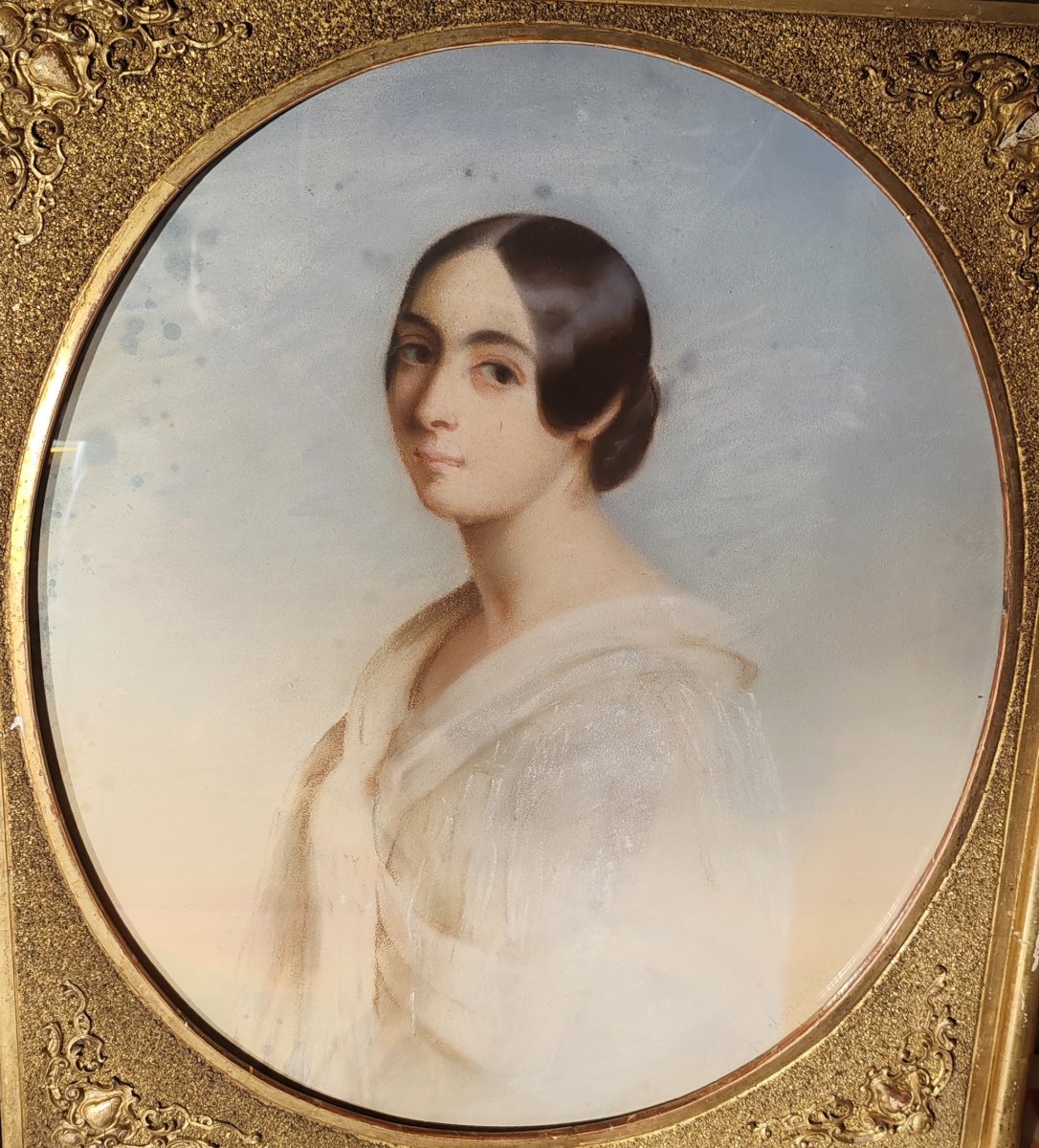 « Portrait pastel d’une Jeune Femme En Médaillon Henry Marielle XIXème »