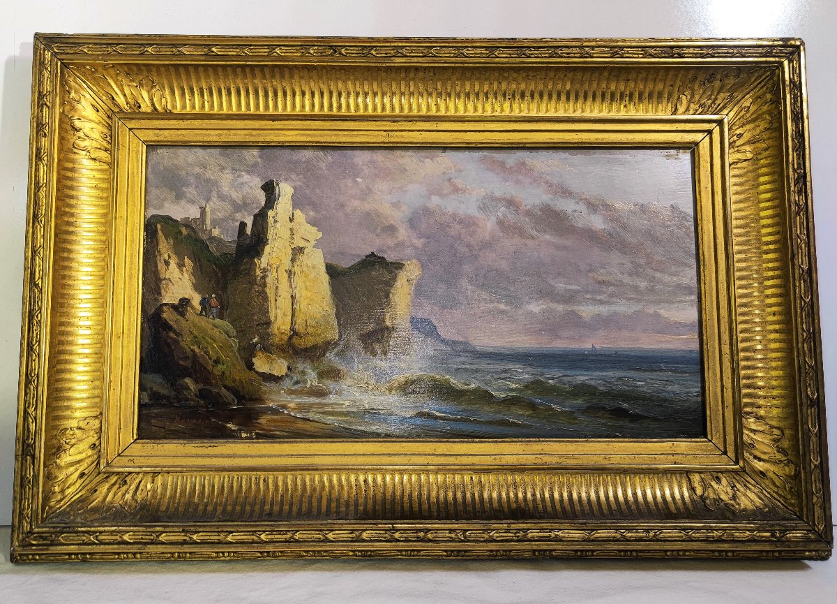 Kuwasseg Huile sur panneau bois une vue des falaises côtières   XIX ème-photo-2