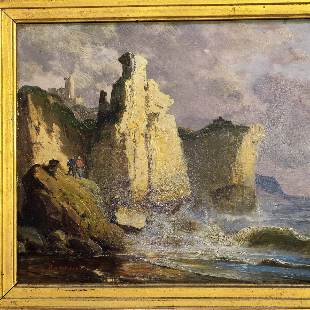 Kuwasseg Huile sur panneau bois une vue des falaises côtières   XIX ème-photo-3
