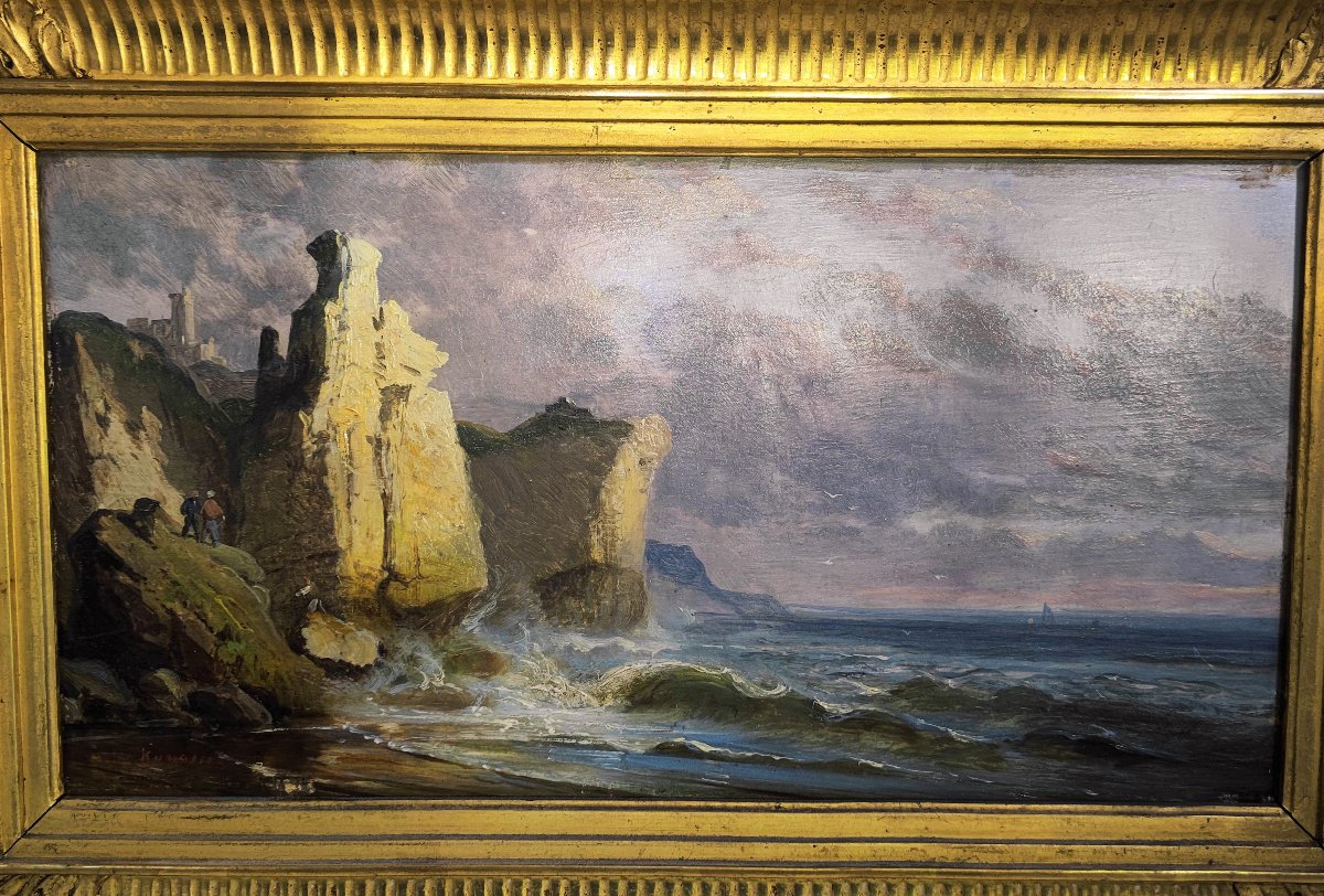 Kuwasseg Huile sur panneau bois une vue des falaises côtières   XIX ème