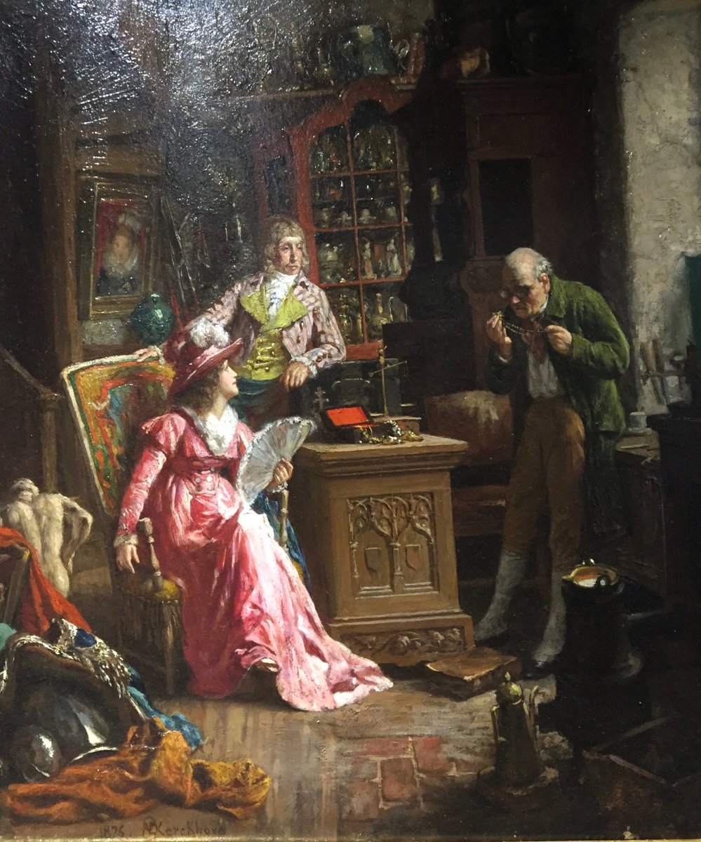 VAN DEN KERCKHOVE Jan 1822-1881 Chez l’antiquaire 1876 huile sur panneau